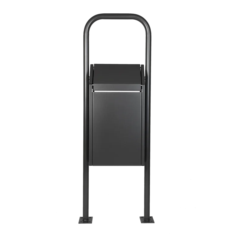 Mistkübel mit Schwingdeckel in der Farbe Anthrazit - Eisenglimmer, montiert in einem Rundbügelrahmen mit Bodenplatten zur Verschraubung.