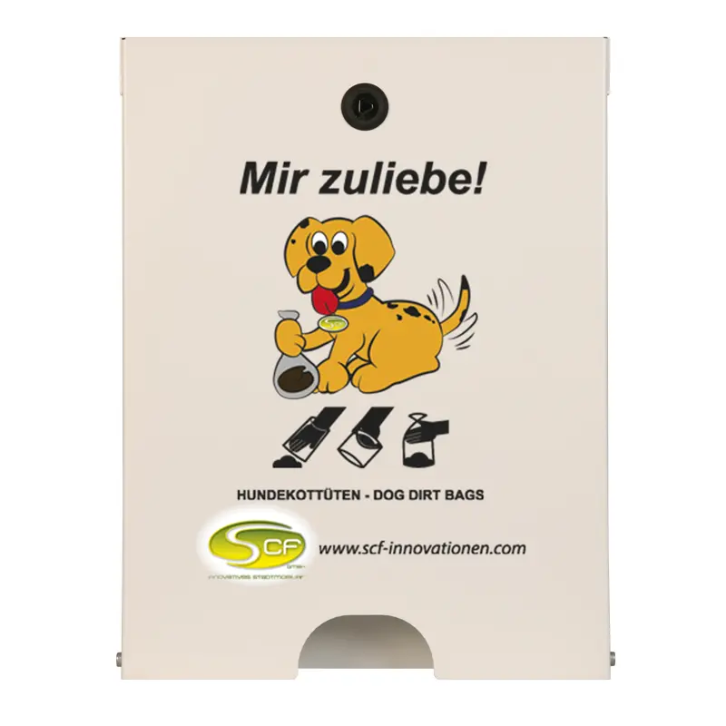  Hundekotbeutelspender Flexi in Verkehrsweiß mit schwarzem Schriftzug „Mir zuliebe!“, Hundemotiv und Symbolen zur Beutelentnahme.