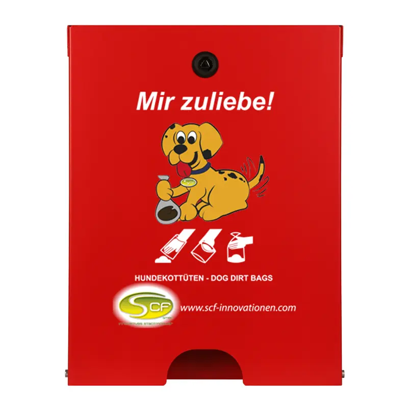  Hundekotbeutelspender Flexi in Verkehrsrot mit weißem Schriftzug „Mir zuliebe!“, Hundemotiv und Symbolen zur Beutelentnahme.