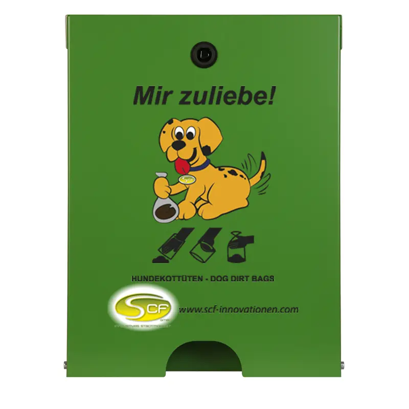  Hundekotbeutelspender Flexi in Maigrün mit schwarzem „Mir zuliebe!“-Aufdruck und Hundemotiv.