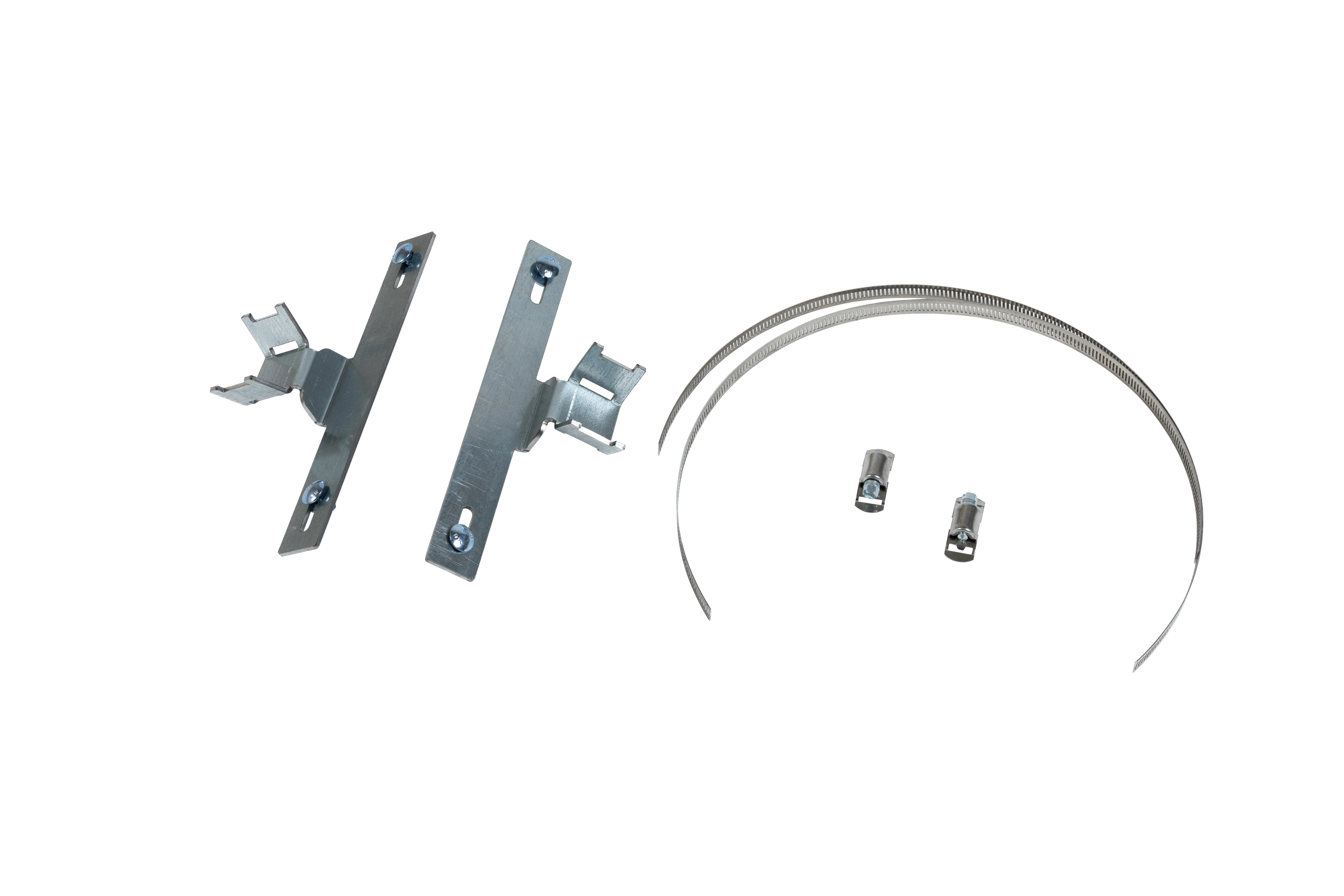 Halterungsset aus Metall zur Säulenmontage, bestehend aus 2 Spannbändern und 2 Montagebügeln