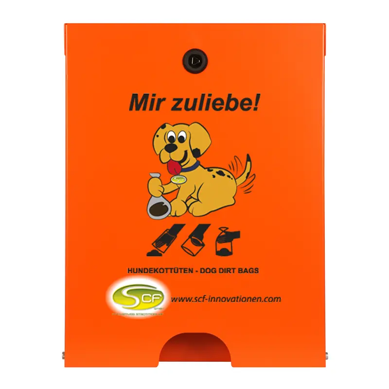  Hundekotbeutelspender Flexi in Reinorange mit schwarzem „Mir zuliebe!“-Aufdruck, lachendem Hundemotiv und Symbolen zur Beutelverwendung.