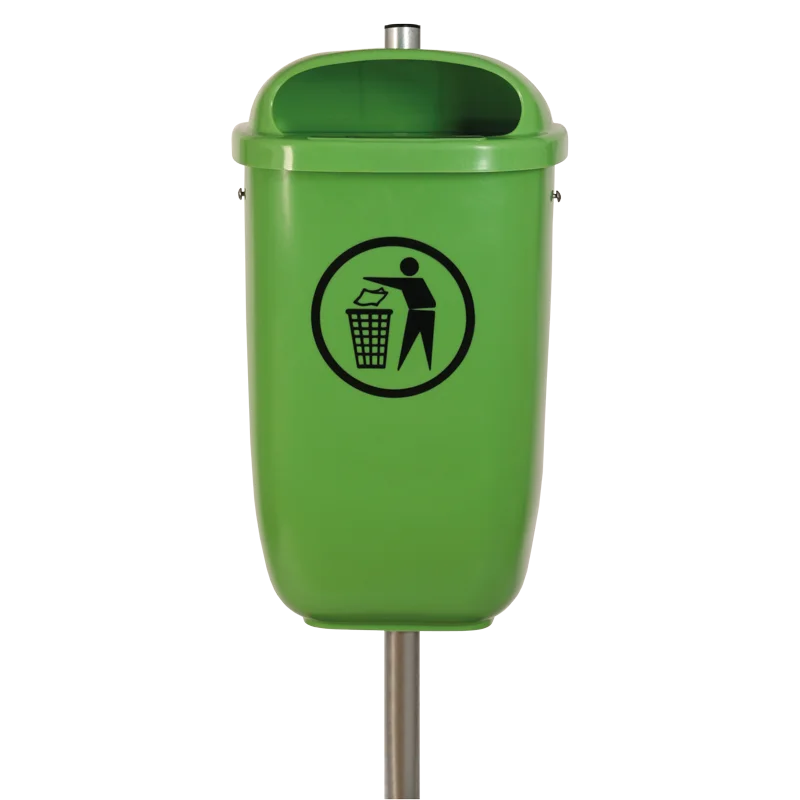Mistkübel FLEXI aus Kunststoff in Maigrün, mit oberer Einwurföffnung und schwarzem Piktogramm einer Person, die Abfall in einen Korb wirft.