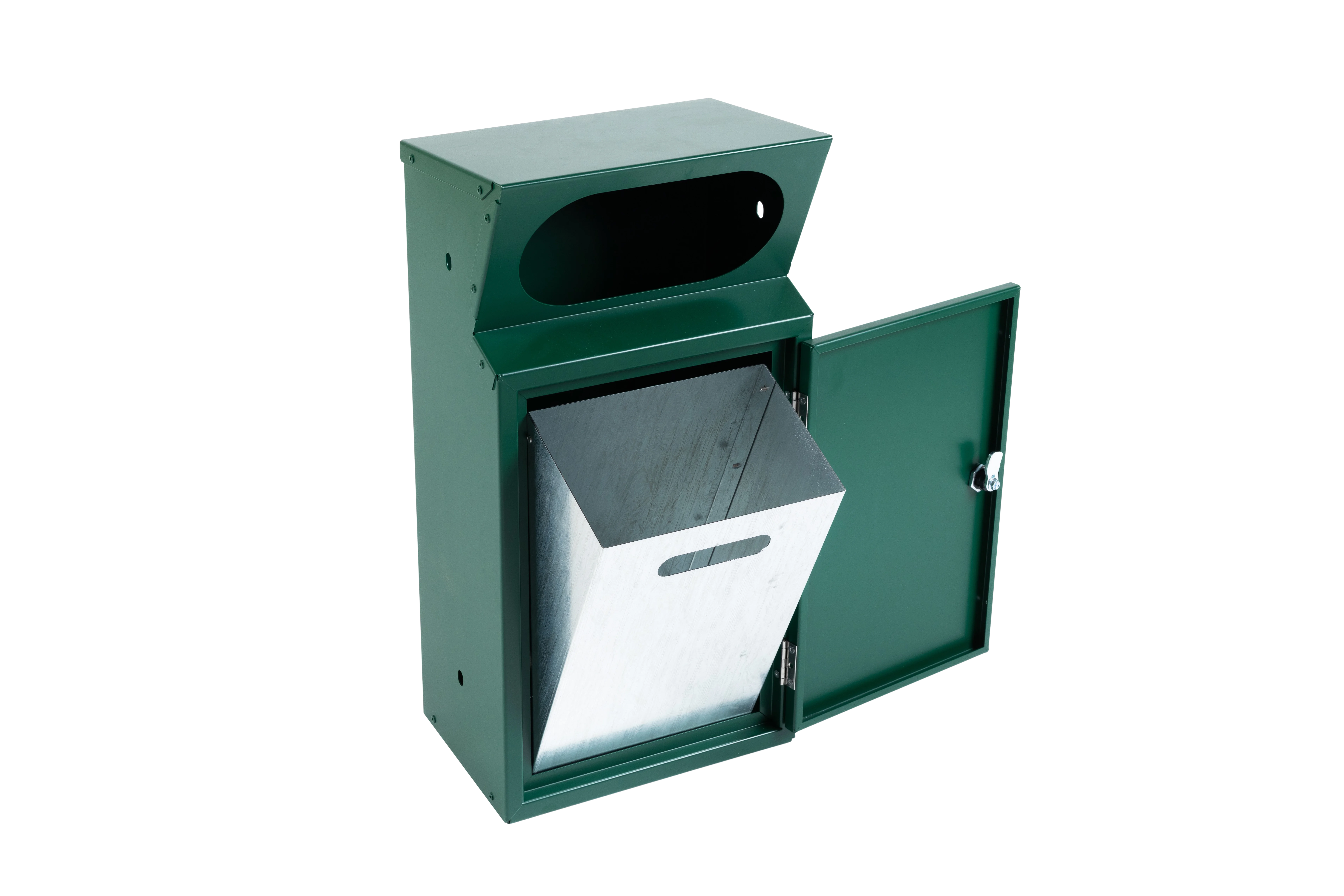 Mülleimer Griffloch in Tannengrün mit offener Tür und eingesetztem verzinktem Innenbehälter, ovaler Einwurföffnung oben
