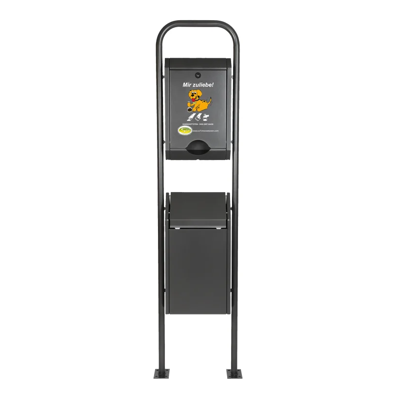 Vorderansicht Beutelspender Standard und Mistkübel mit Schwingdeckel, montiert auf einem Gestell in Anthrazit - Eisenglimmer (RAL DB703).