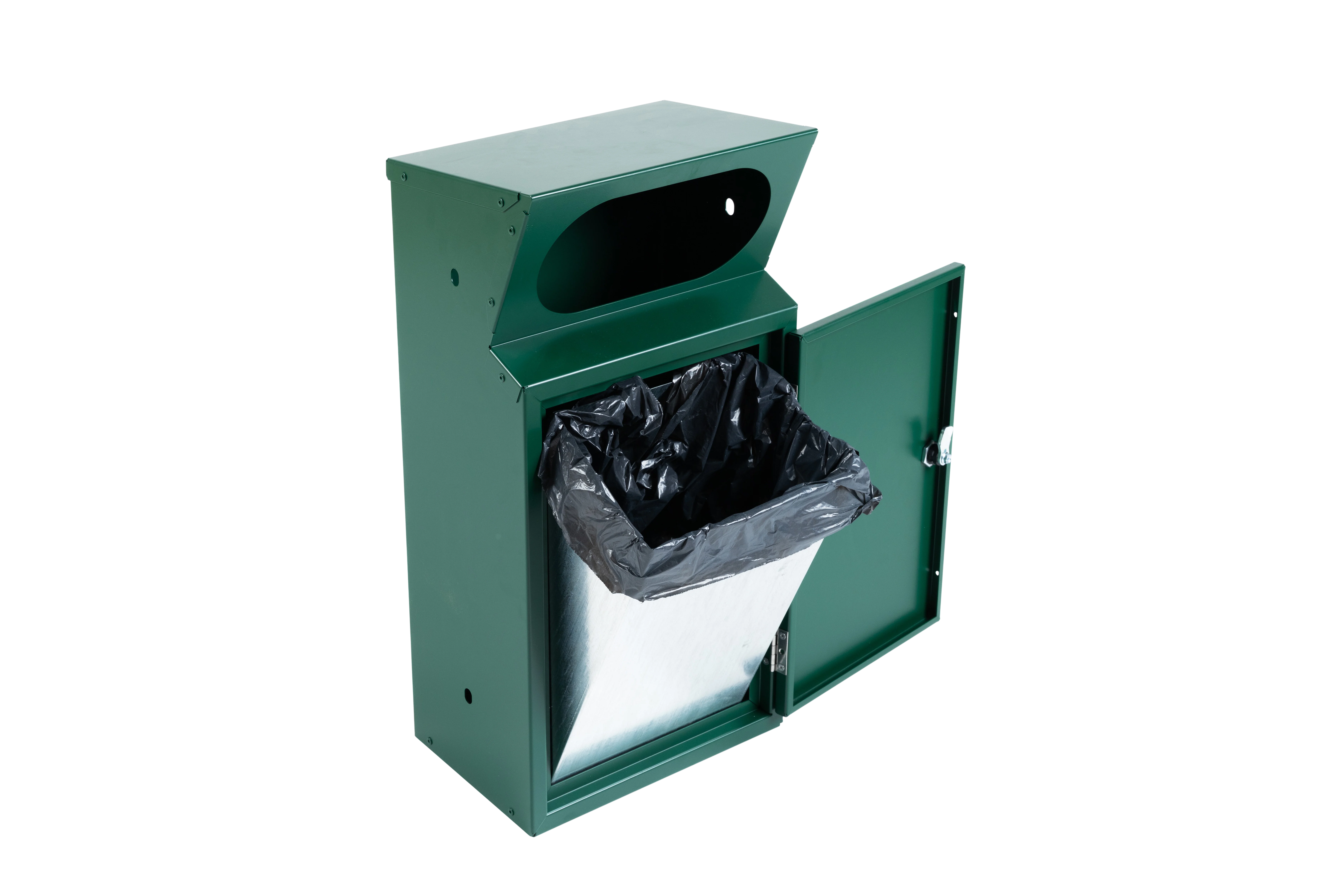 Mülleimer Griffloch in Tannengrün mit geöffnetem Türfach, eingesetztem Innenbehälter und schwarzem Müllsack, ovale Einwurföffnung sichtbar