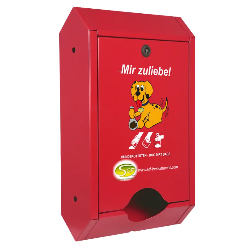 Hundekotbeutelspender Standard in Verkehrsrot mit schrägem Gehäusedesign, weißer Aufschrift „Mir zuliebe!“, Hundemotiv und unterer Entnahmeöffnung.