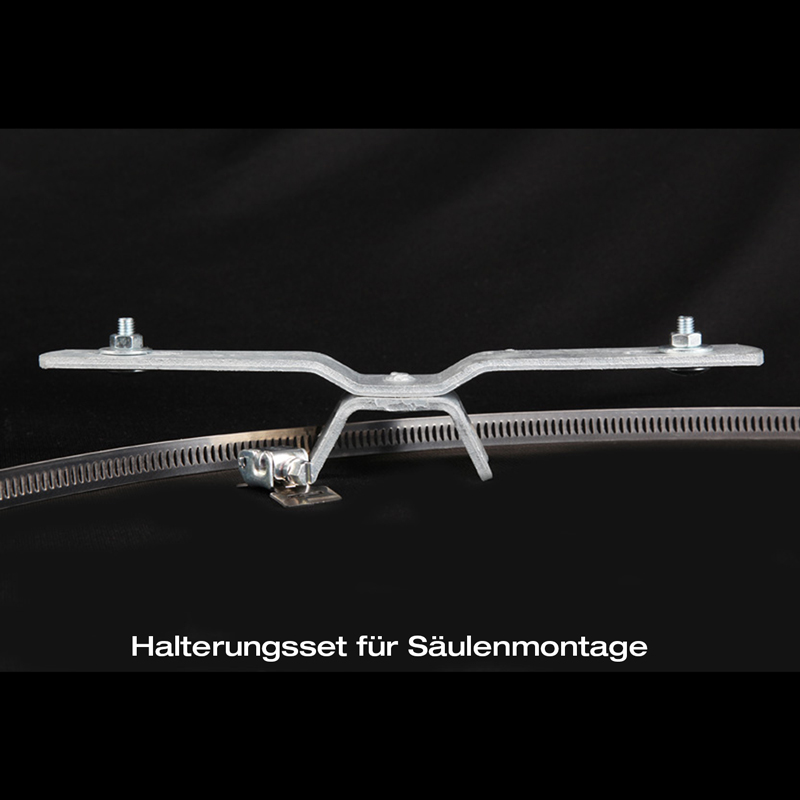 Halterungsset aus Metall zur Säulenmontage, bestehend aus 2 Spannbändern und 2 Montagebügeln
